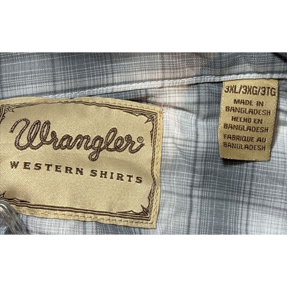 Pearl Snap Wrangler Western Cowboy Long Sleeve Gray/White Plaid Shirt 3XL NEW